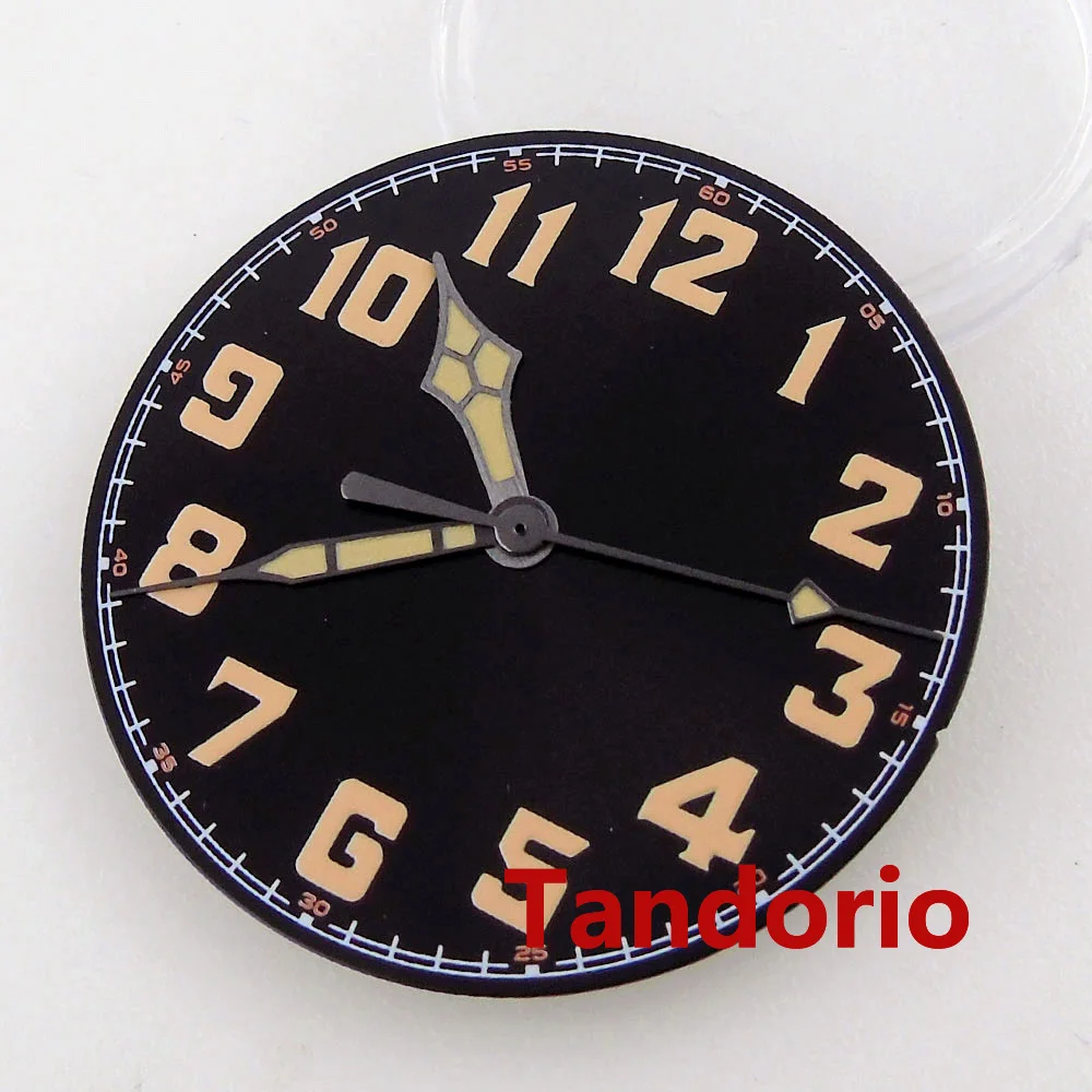 Tandorio 33.6mm Vintage Big Black Sterile Dial Face Set Fit NH35 NH36 MIYOTA 8215 ETA2824 Automatic Movement Yellow Marks Hand