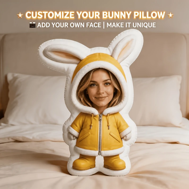 1pc Customized Throw Pillow Bunny Ear Coat Custom Photo Pillow, Upload Photo for Portrait in Warm Hooded Outfit, Smooth Cutout,