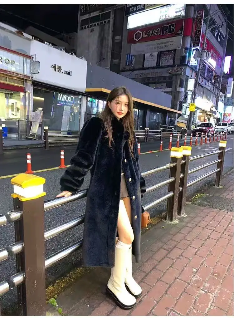 المرأة رقيق أسود طويل فو الفراء سترة عادية الصلبة الوقوف طوق واحدة الصدر فضفاض معطف دافئ سيدة الشتاء اليومية الشارع معاطف