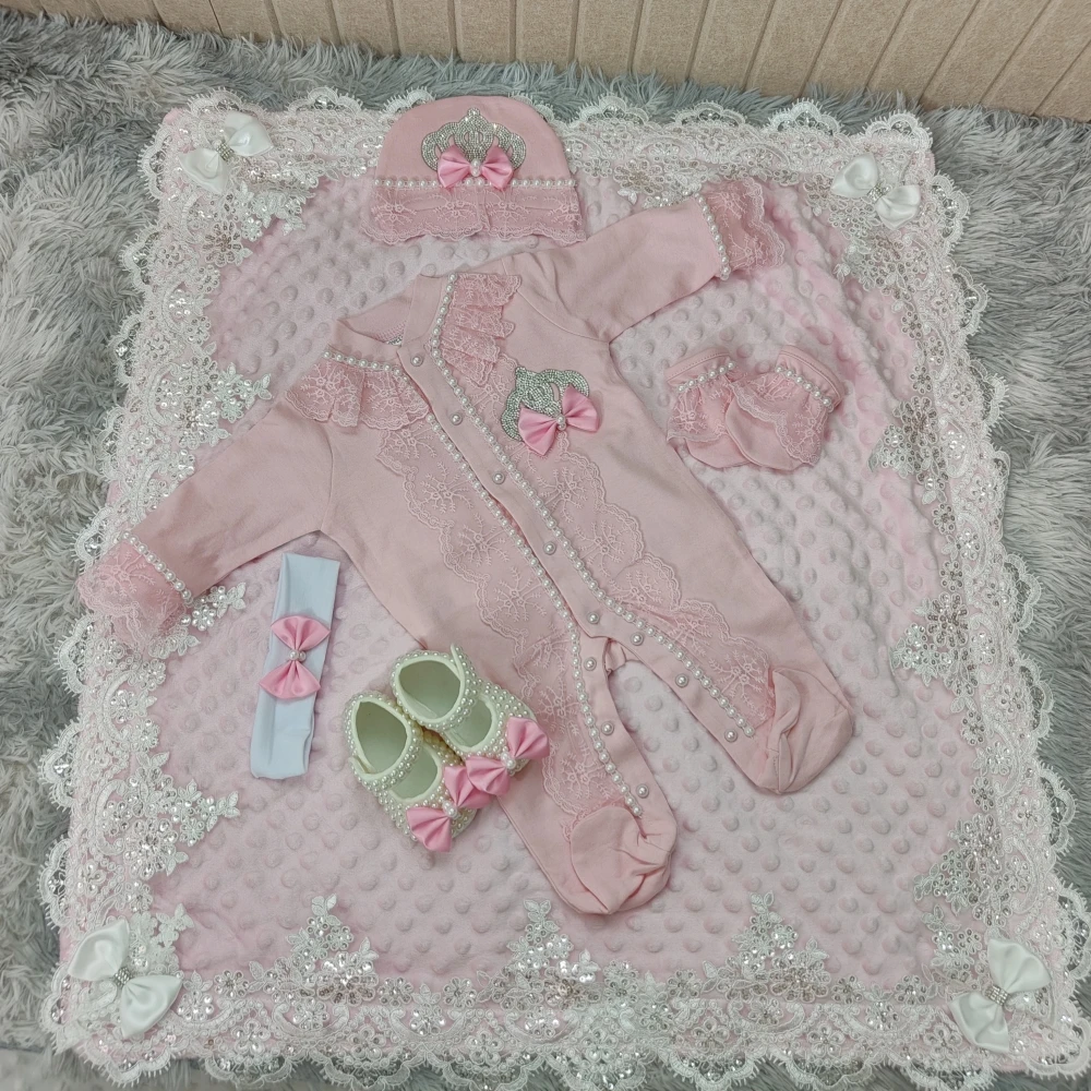 6Pcs Baby Girl Romper Set Soft Breathable Cotton Newborn 0-9 Months Daily Wear Solid Pink
