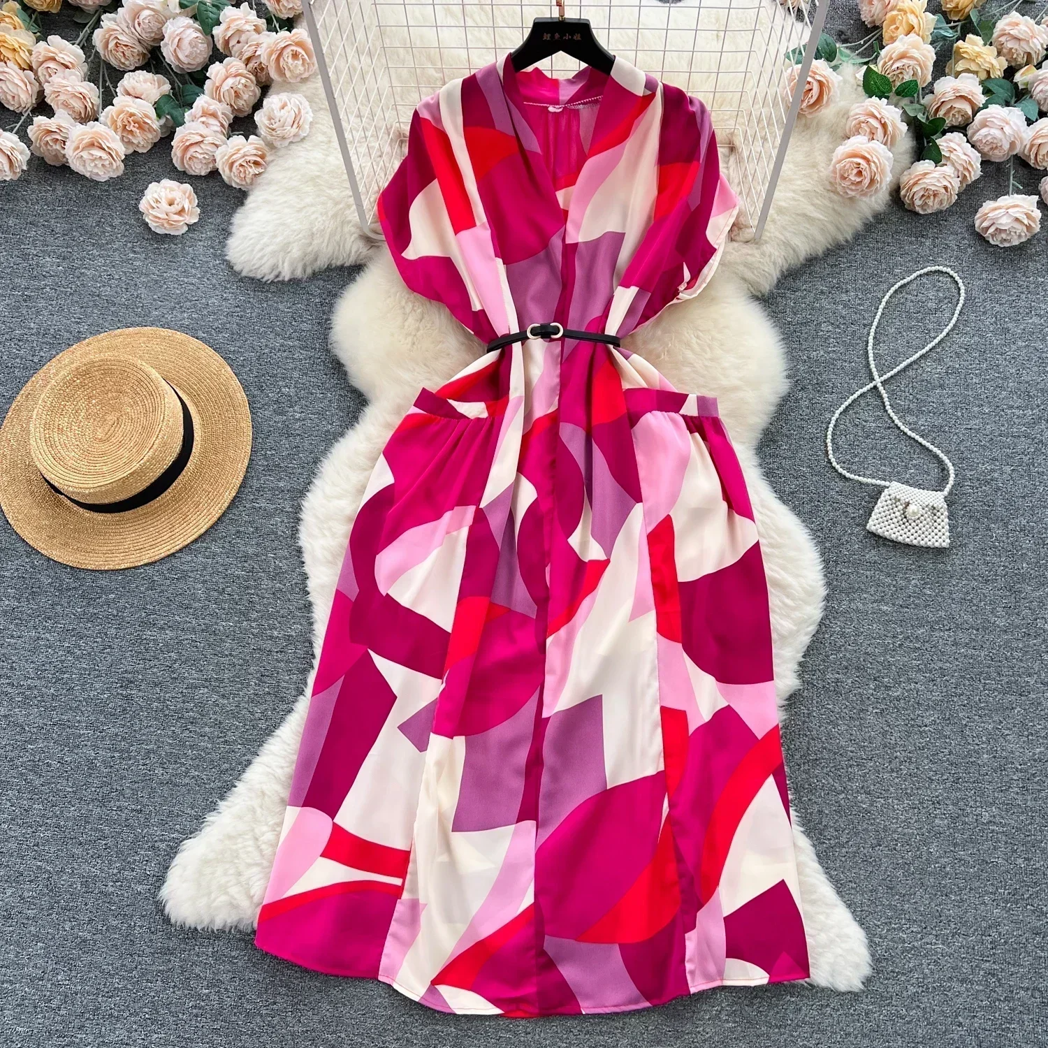 Vintage Vestidos weibliche V-Ausschnitt geometrischen Druck ärmellose Sommerkleider mit Gürtel Schnür kleid Kontrast farbe