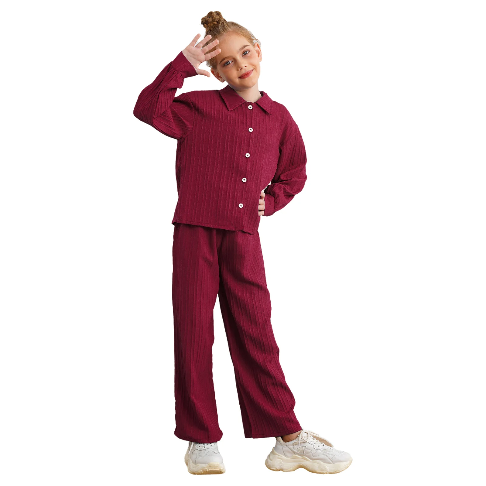 Kids Girls Ribbed Texture Clothes Set Turn-Down Collar Long Sleeve Shirt with Wide-Leg Pants Fashion Casual Children Outfits