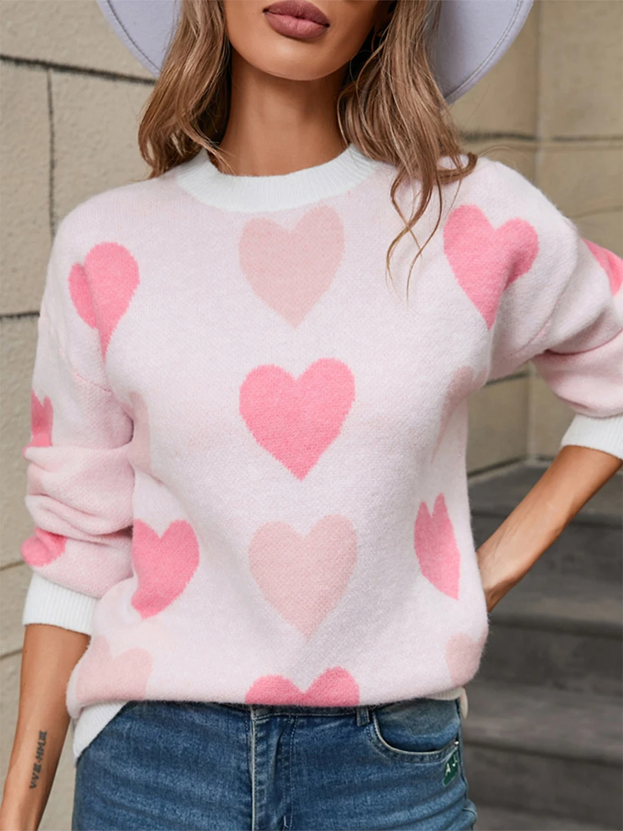 Women Valentines Day Knit Sweater Heart Pattern Long Sleeve Round Neck Pullovers Fall Winter Casual Jumpers Tops S-XL