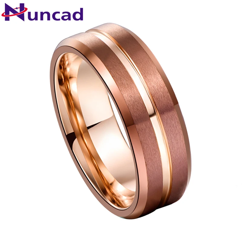 NUNCAD 8mm Width Tungsten Carbide Ring Brown Plating + Rose Gold Middle Groove Angle Tungsten Steel Men's Ring Comfort Fit T170R