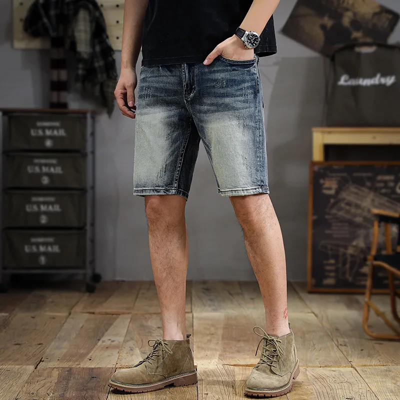 Street Retro Washed Denim Shorts Men's Summer Fashion Nostalgic Scrape Straight Slim Fit Trendy Capris Middle Pants