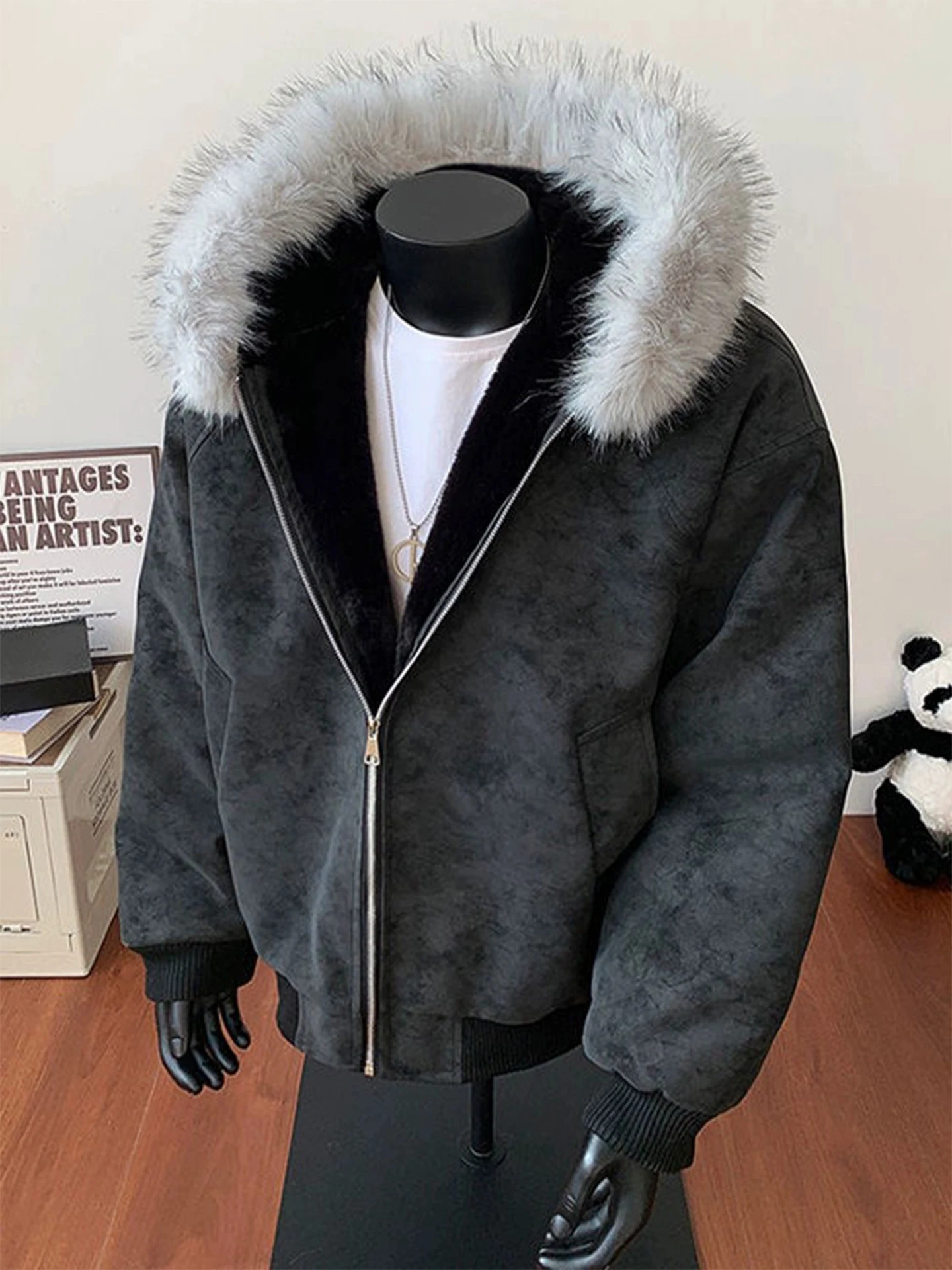 Black Rabbit Fur Jacket Men's Winter Thickened PU Leather Parka Coat Warm Cotton Clothes Large Fur Collar Cotton Clothes