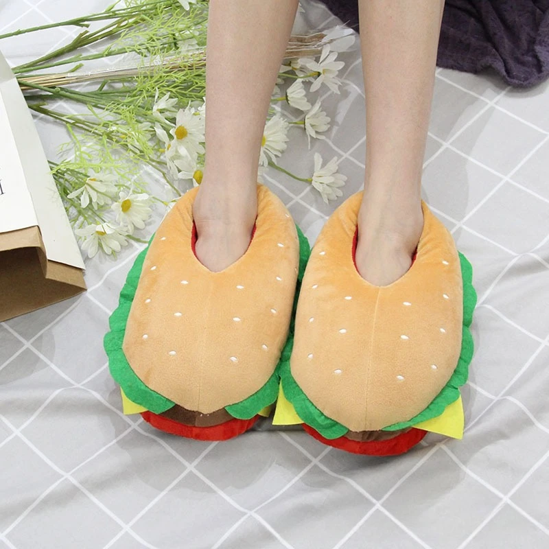 New Cartoon Hamburger Plush Slippers Women's Home Sandwich Creative Cotton Shoes Thermal Bag and Cotton Slippers - view 3