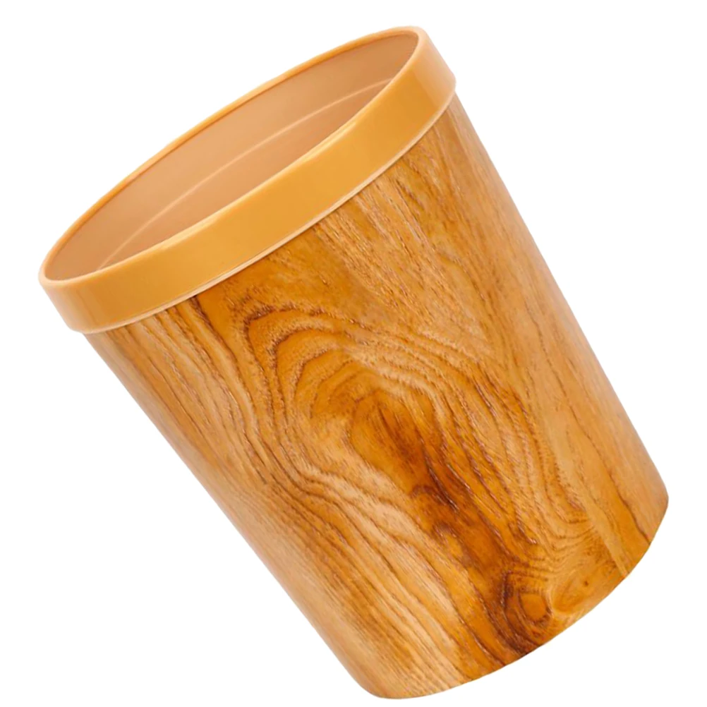 

12L Plastic Garbage Bin Round Trash Can Wood Grain Design Space Saving Easy Clean For Home Office Bathroom Use Multifunctional