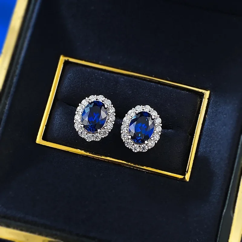 

Fashion 6*8mm Elliptical 925 Sterling Silver Sapphire Stud Earrings Blue Corundum Earrings For Women