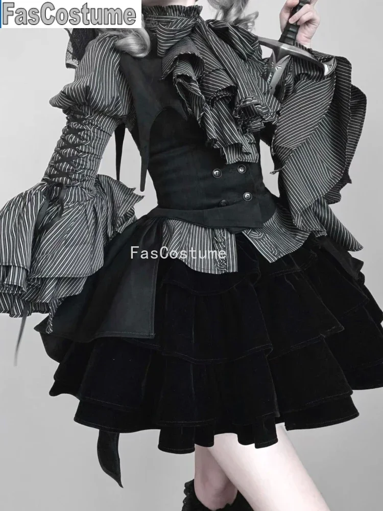 

FasCostume Japanese Gothic Vintage Lolita Set Striped Blouse + Chic Vest + Fluffy Cake Skirt New Fashion Dark AcademiaJKSuit