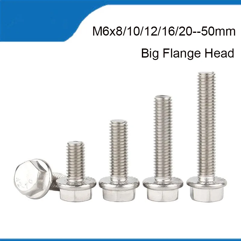 WHUZF Free Shipping 50PCS M6 Large Hexagon Flange Head Screws 304 Stainless Steel M6*8/10/12-50mm Hex Bolt M6 Flange Fasteners