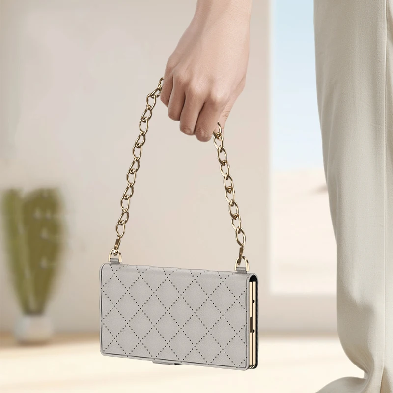 حافظة جلدية قابلة للطي بنمط الماس مناسبة لهاتف سامسونج جالاكسي Z Fold 7 Z Fold6 Z Fold5 Z Fold4 Z Fold3، حافظة هاتف عصرية على شكل سلسلة شانيل