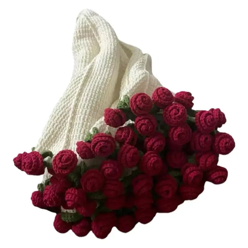 

material package Rose Blanket Bouquet Rose Flowers Handmade Crochet Acrylic Fuzzy Sweater Bed Couch Mother's Day Gift For Mum