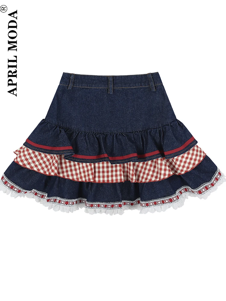 2023 Summer Sweet Lolita Denim Skirt Y2K Girls Cute High Waist Casual Bow Tiered Skirts Women Korean Hearts Kawaii Mini Skirts