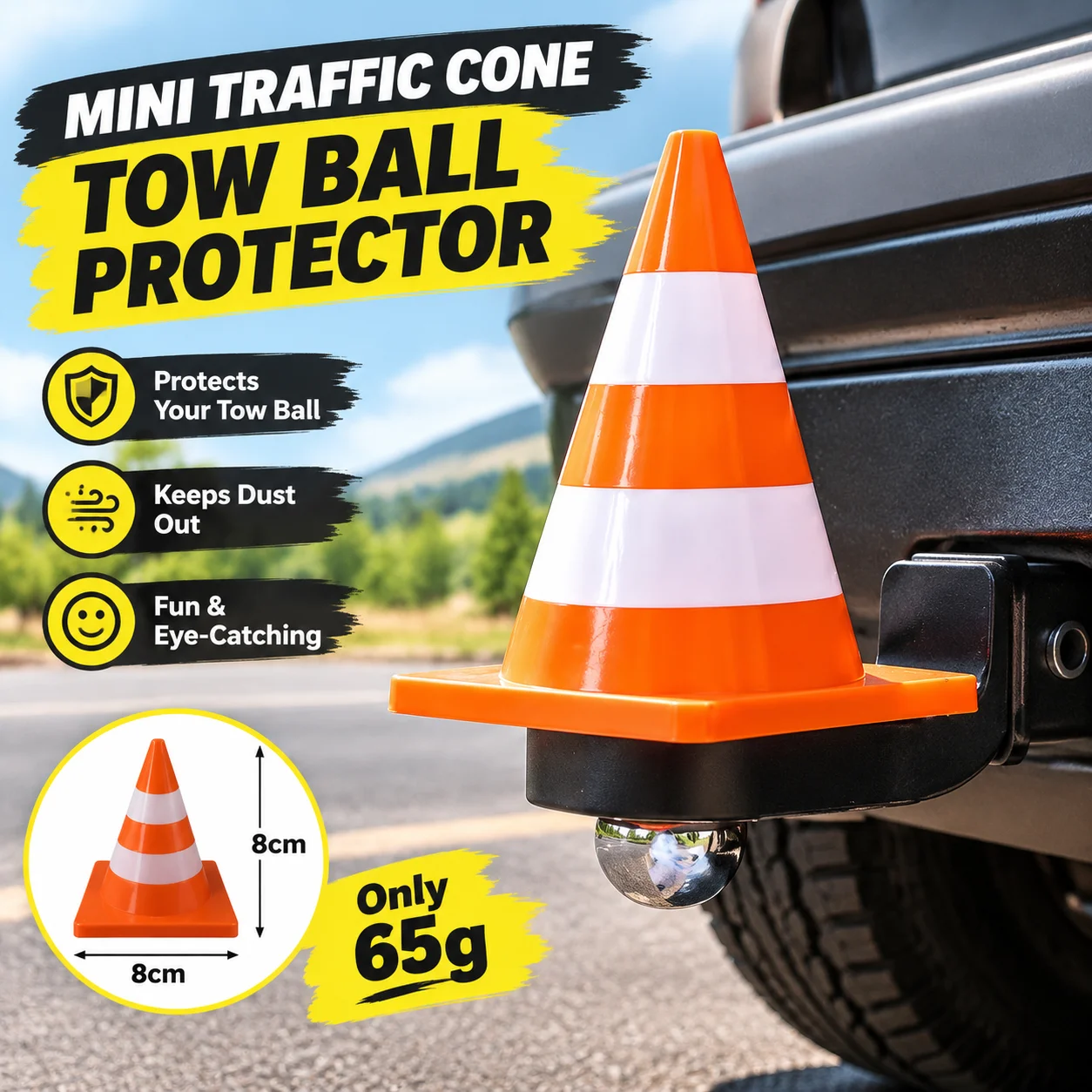 Creative 8x8x8cm Mini Traffic Cone Tow Ball Protector, Funny 65g Trailer Hitch Cover, Dustproof Trailer Coupling