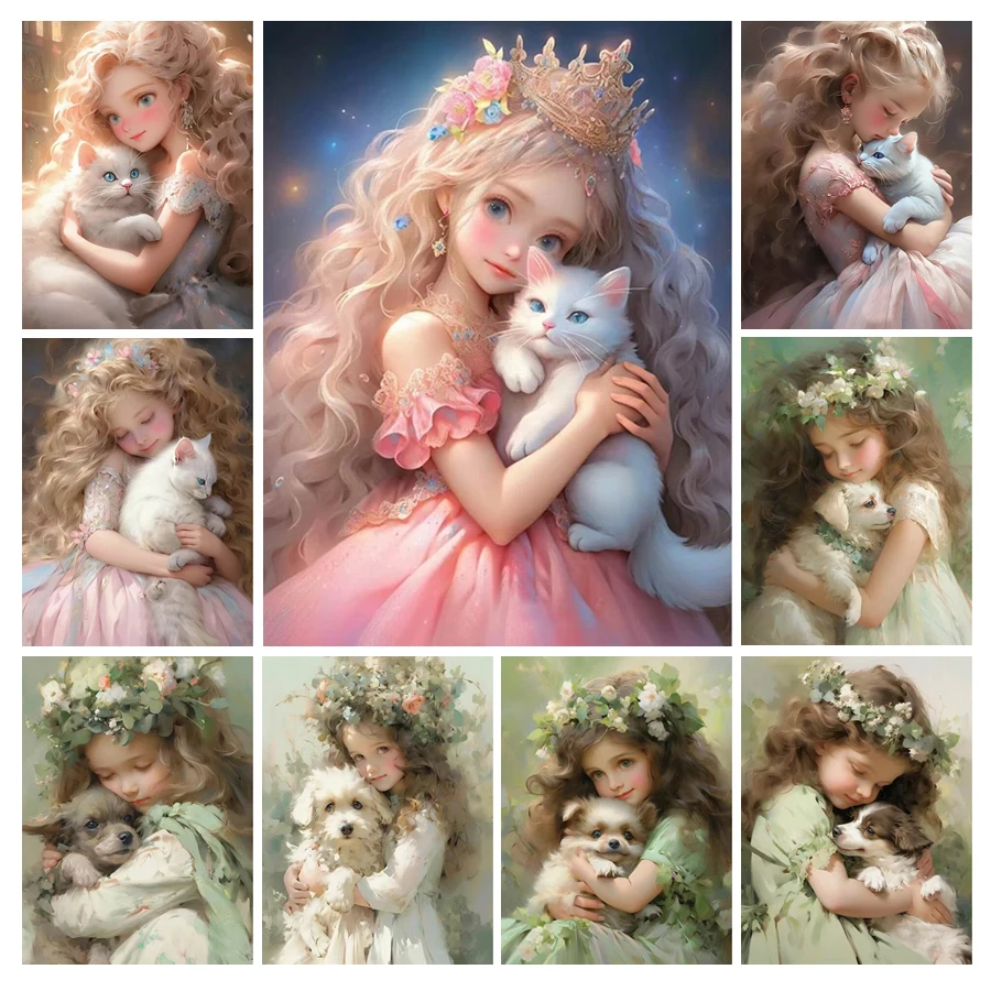 Diy Full Mosaic Art Girl Cat Diamond Painting Little Princess New Collection 2024 Pet Animals Rhinestone Embroidery Picture