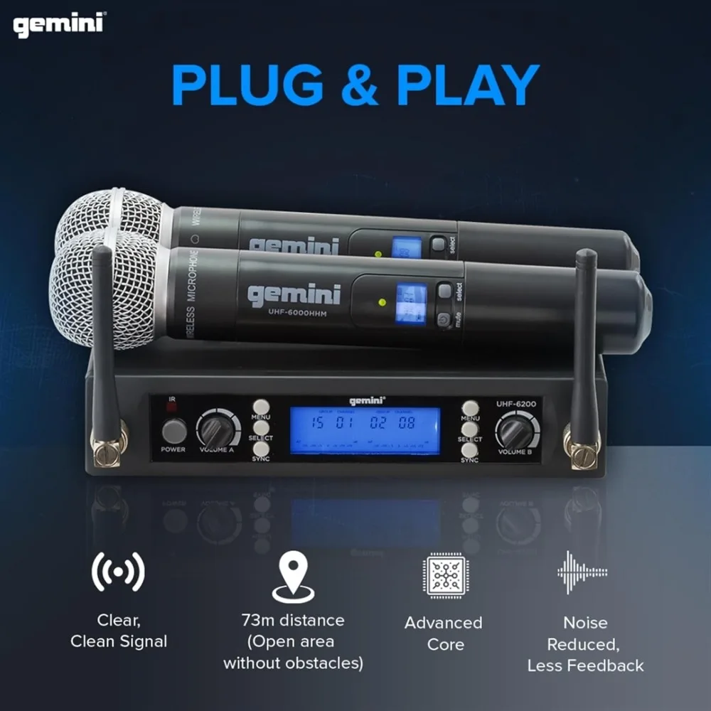 Wireless Handheld Microphone System - Dual UHF Mics, 512-537.5 MHz, Auto-Sync Pairing, 2 XLR Outputs, LCD, 1U Rack Mount - view 3
