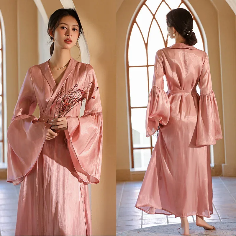 Elegant Pink Long Robe Wedding Bride Bathrobe Gown Women Sexy Flare Sleeve Kimono Nightgown French Style Loungewear New Spring