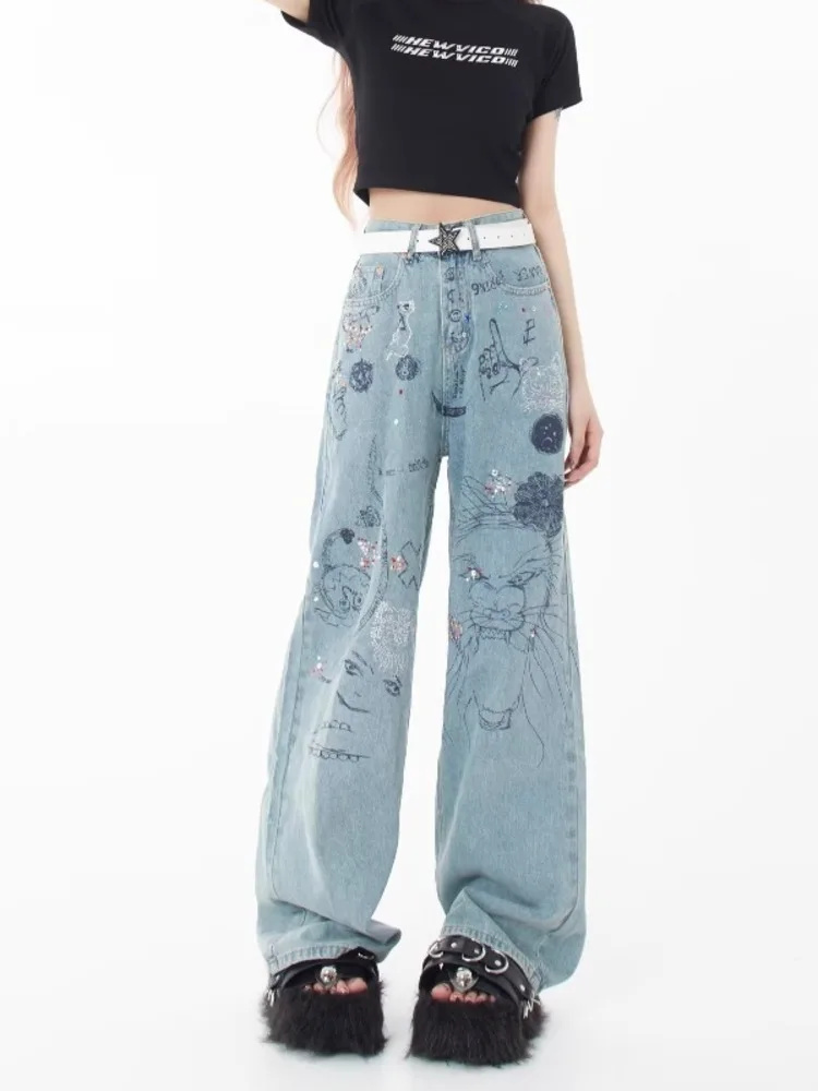 Spring and Autumn Season New Small Market Design Sense Print Graffiti Straight Barrel Personalized Jeans Women's Jeans