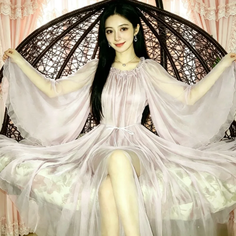 New Summer Women's Large Swing Dress Elegant Slimming Seaside Holiday Travel Beach Dresses Sexy Translucent Chiffon Long Dress