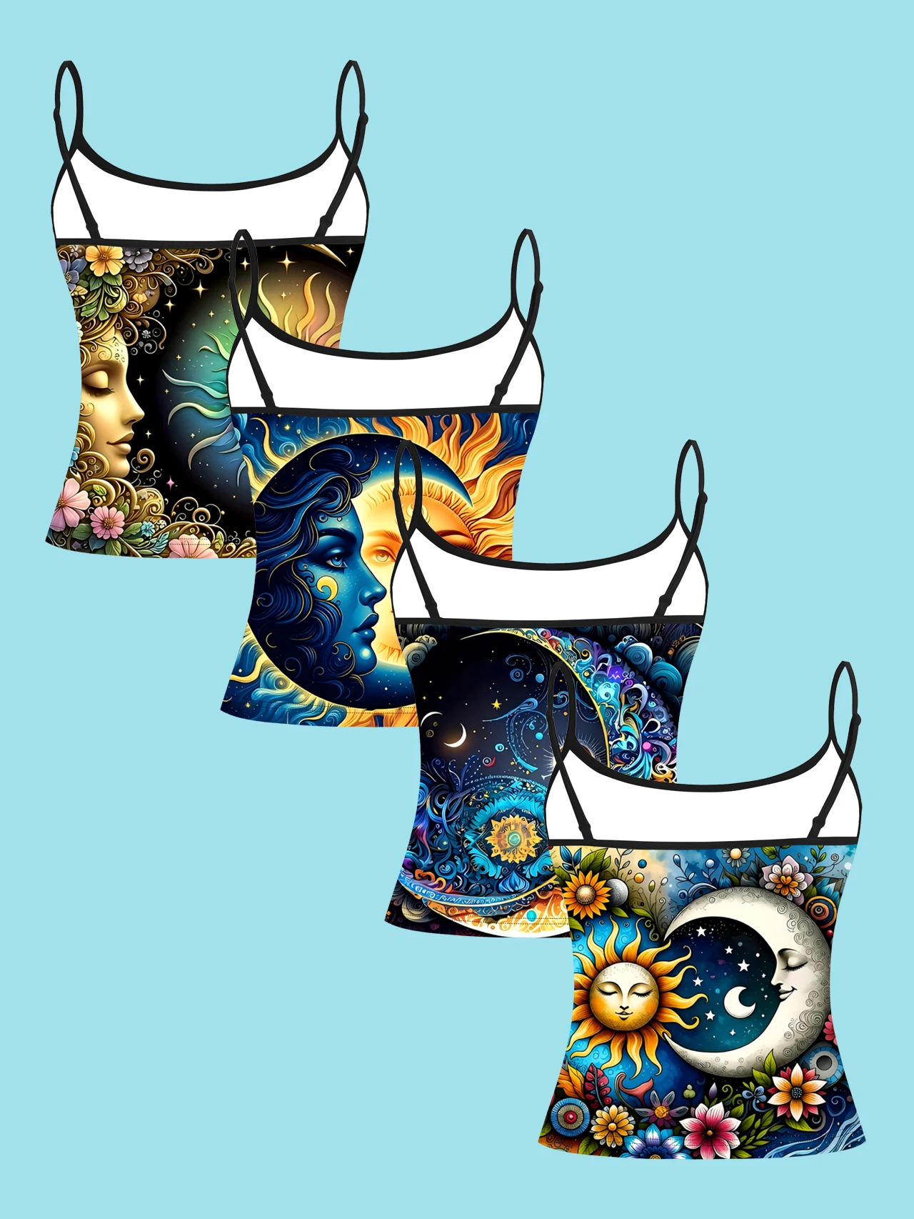 4-Piece Set of Women's Spaghetti Strap Camisoles with Mysterious Sun, Moon, Face, Goddess, Starry Sky, and Floral Prints, Slim-Fit Sleeveless Tops, Bohemian Astrology Style Outerwear and Inner Layering Shirts