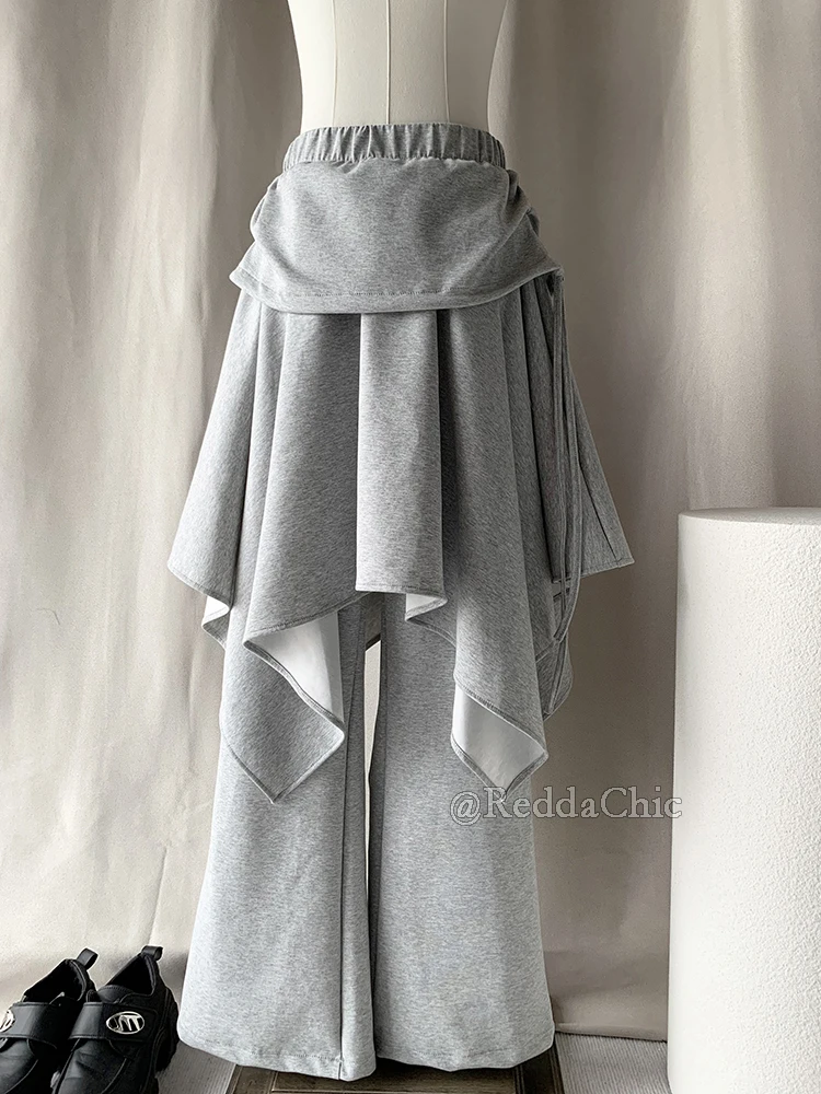 ReddaChic Wrappd Gray Sweatpants Lounge Elastic Waist Wide Leg Irregular Skirt Layering Trousers Grunge Korean Women Clothes