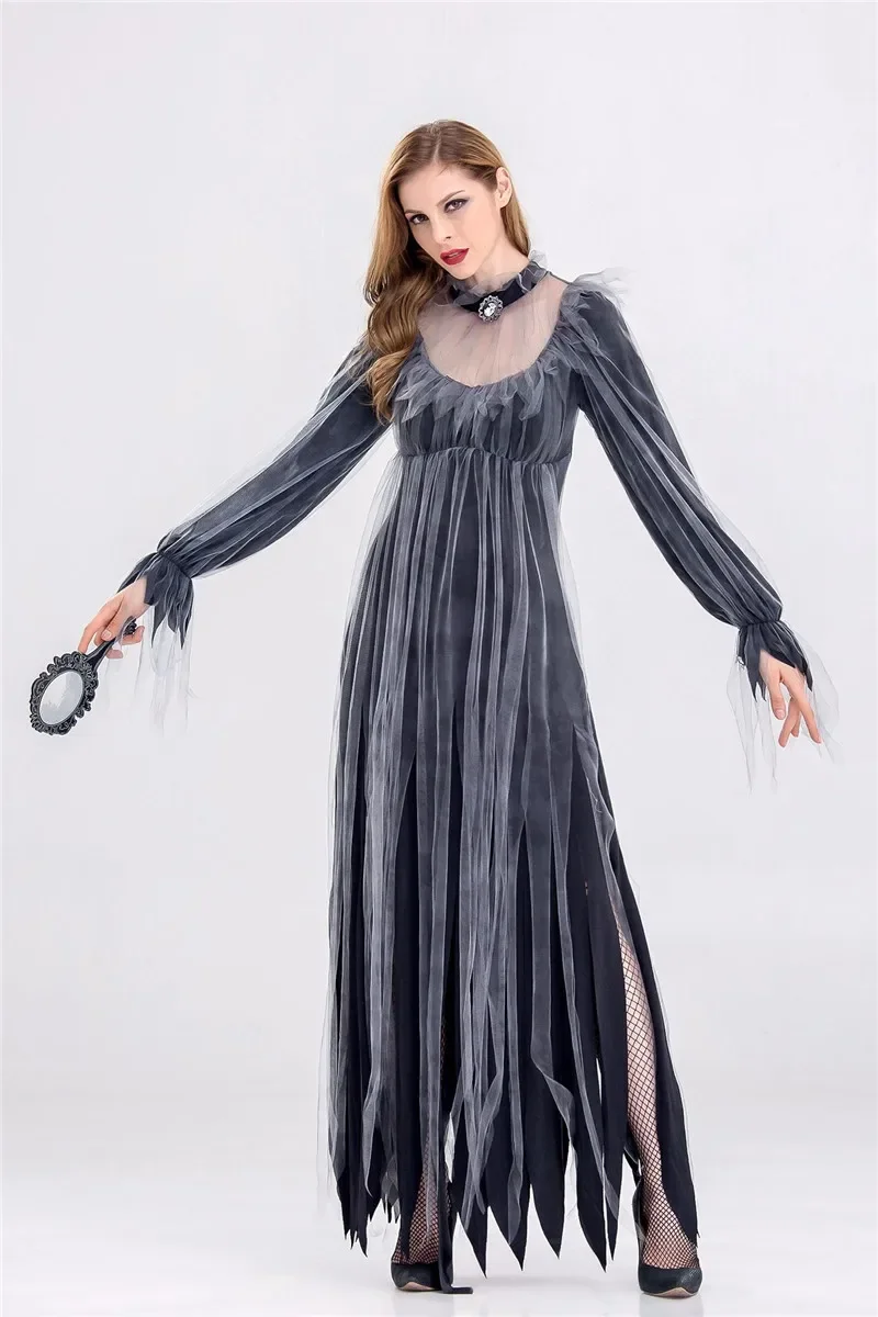 Adulto feminino halloween assustador zumbi fantasma noiva fantasia vestido cemitério cadáver traje preto split vestido longo