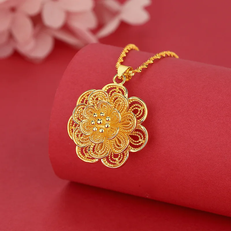 

24K Gold Women's Large Rose Pendant | AU999 Pure Gold, 3D layered petals, micro - set diamonds, opulent & romantic