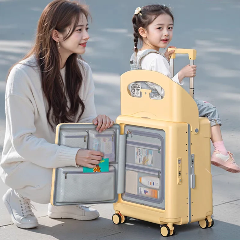 

Front Opening Suitcase Children Can Sit to Ride Luggage Lazy Baby Stroller Travel Suitcases Brake Wheel Password Trolley Case