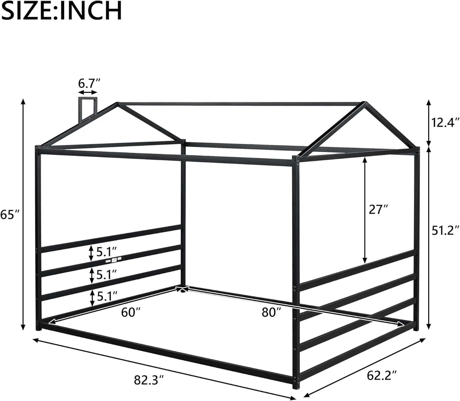 Queen size vloerbed voor kinderen, Montessori vloerbed met dak, huisbedframe Queen voor jongens meisjes, zwart