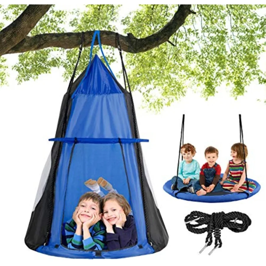 

Outdoor indoor 2-in-1 kids detachable hanging chair swing tent set, polyester fabric, gray and navy, 330 LBS capacity, dual-fun