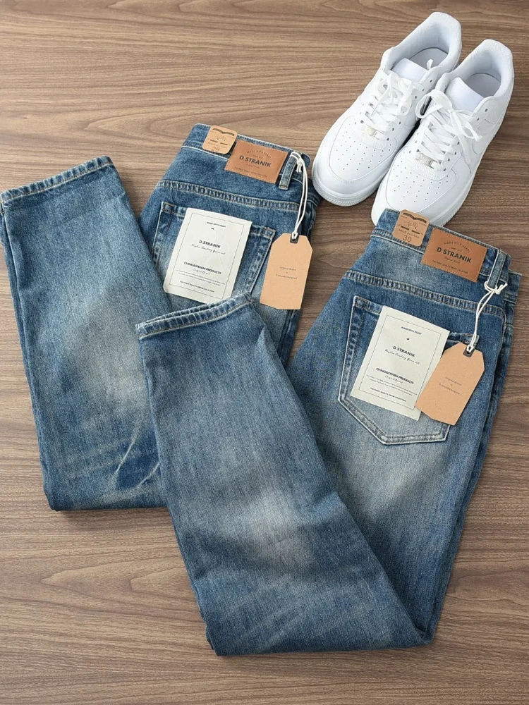 Spring and Autumn New American Retro Holes Denim Jeans Men\'s Simple 99% Cotton Washed Old Heavyweight Casual Straight Trousers