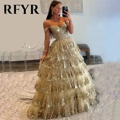 RFYR Puffy Gold Evening Dress Off Shoulder Vestidos De Noche Sweetheart Layered Prom Dress Appliques Party Dress Customized