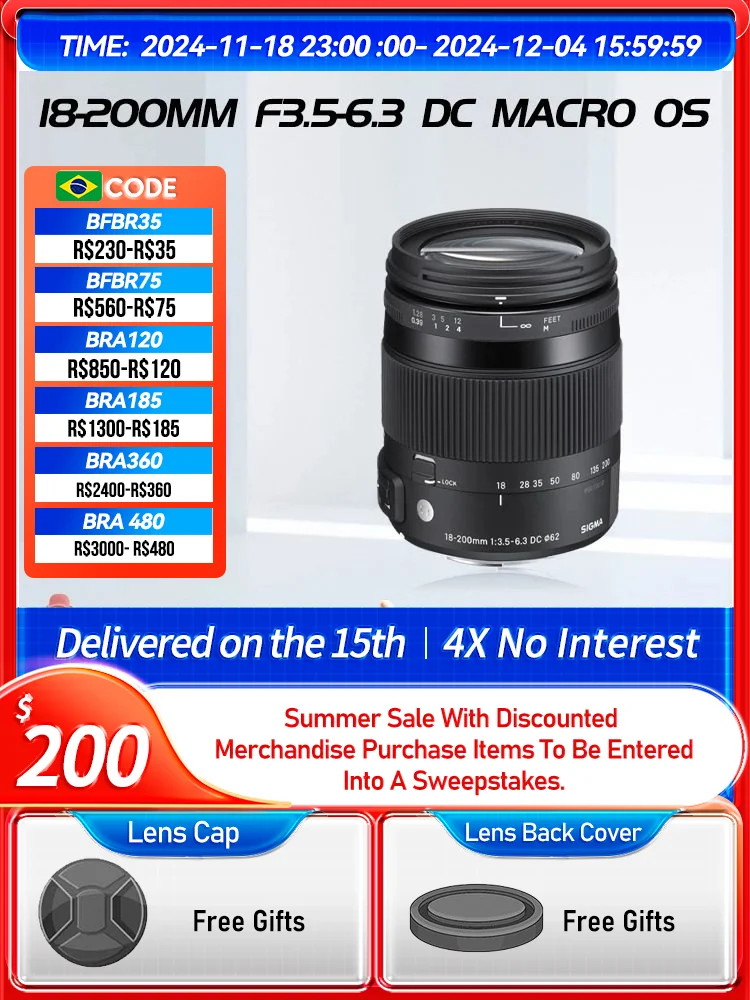 Sigma 18-200mm F3.5-6.3 DC MACRO OS HSM APS-C Wide Angle Zoom Digital SLR Camera Lens for Canon 6D II Nikon 18 200 3.5-6.3（Used）