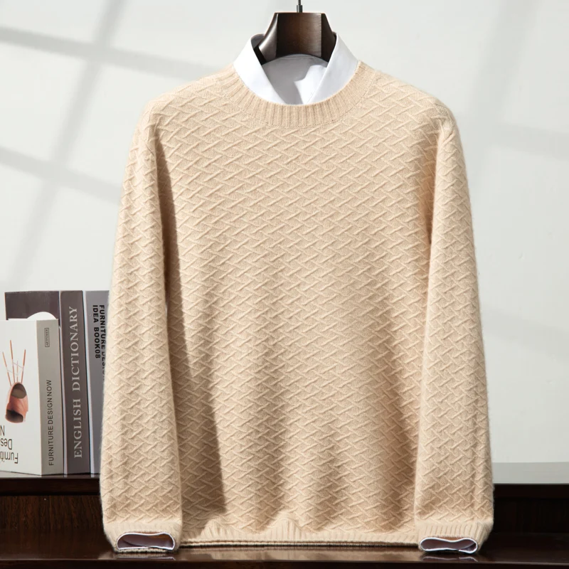 2025 New Thick O-Neck Men's 100% Cashmere Ribbed Pullover Casual Fashion Sweater Autumn Winter Versatile Classic Soft Knit Tops