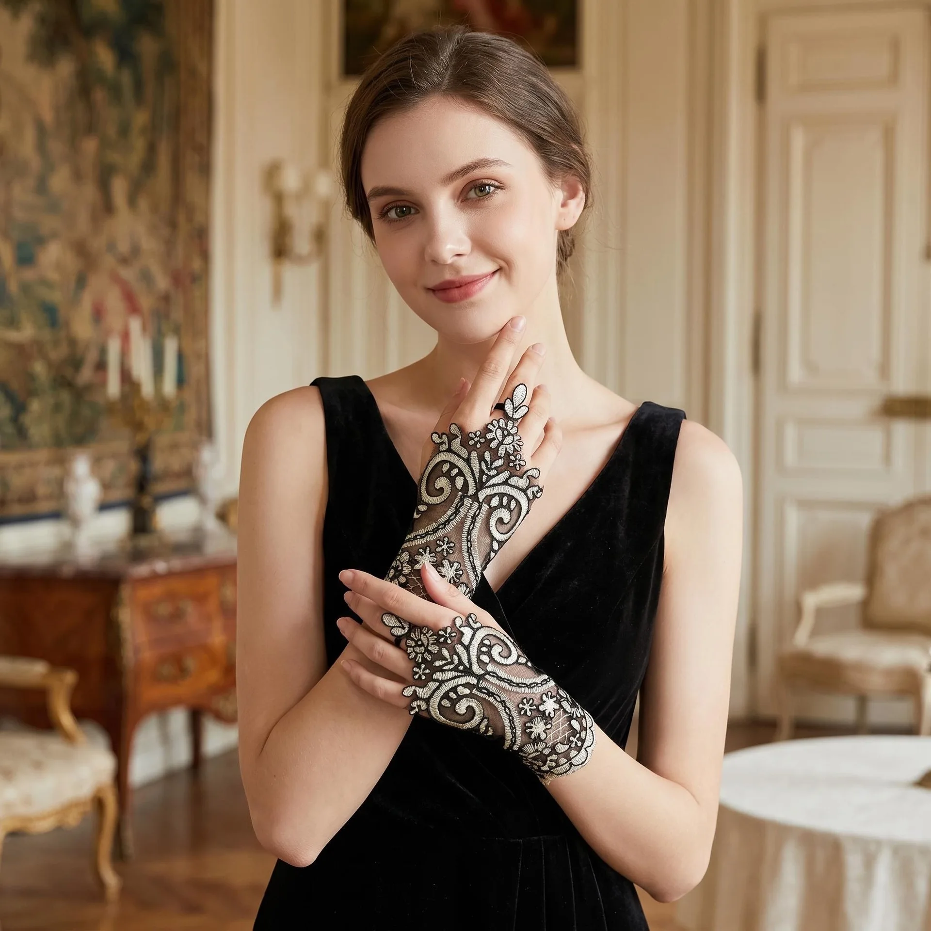 Embroidered Lace Gloves Hook Finger for Halloween Party Wedding Bridal Prom Women Fashion Accessories