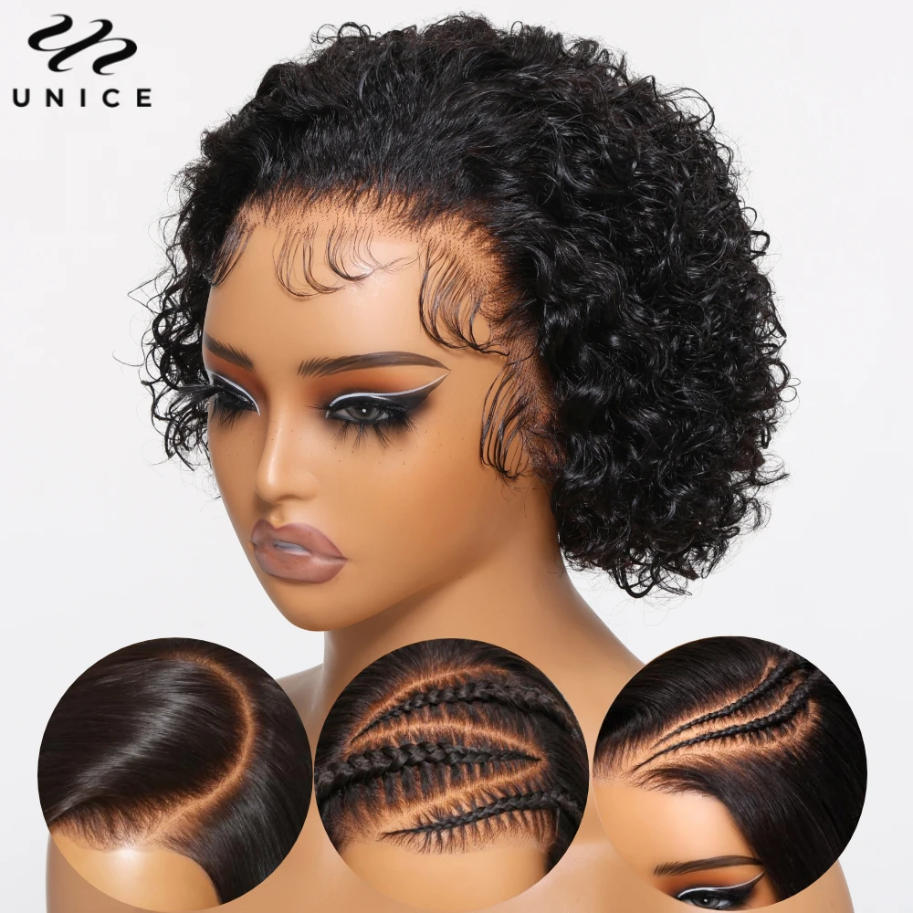 

UNice Curly Pixie Cut 13x4 Lace Front Wig Pre Cut Pre Bleached Short Curly Bob Human Hair Lace Frontal Wig Ready To Wear Go