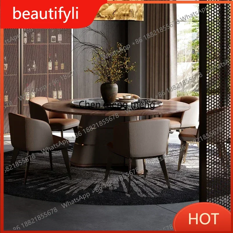 A139 Luxury Round Dining Table Light Wind North American Black Walnut Electric Dining Table High End Marble Rotating Induction C