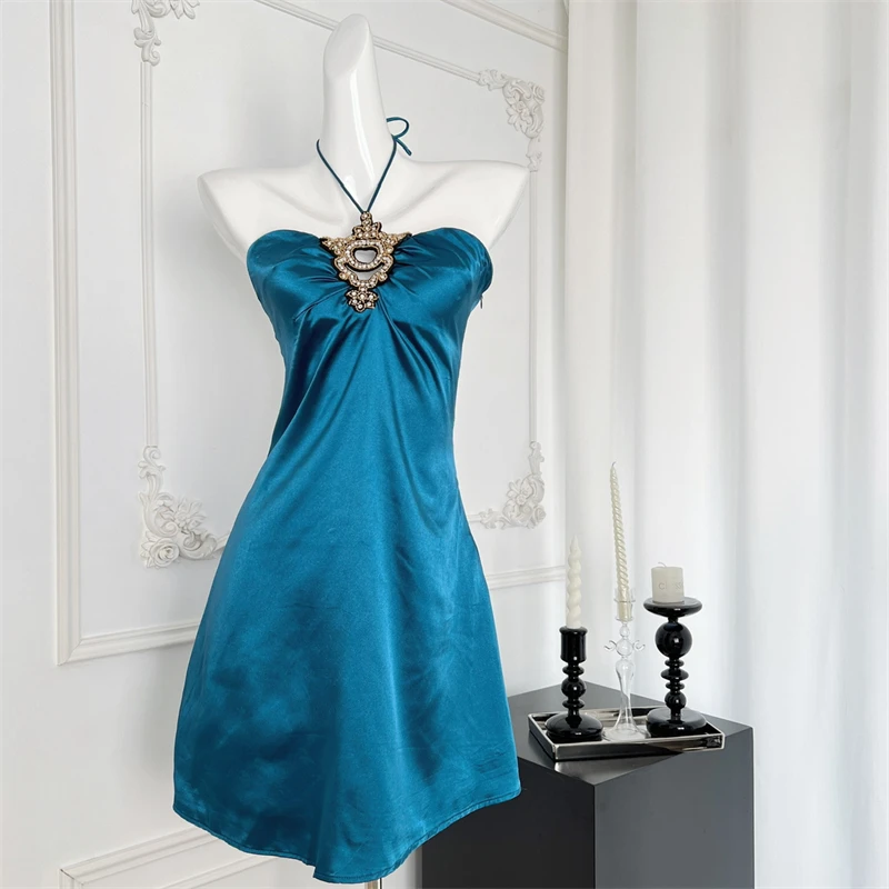 

Women's Blue Y2k A-line Evening Mini Dress Vintage Sleeveless Off Shoulder Dresses Elegant One Piece Frocks 2000s Clothes Summer