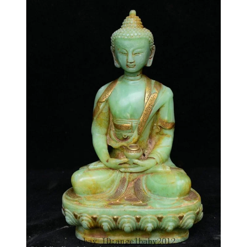 

8" China Natural Old Green Jade Jadetie Shakyamuni Amitabha Buddha Sculpture