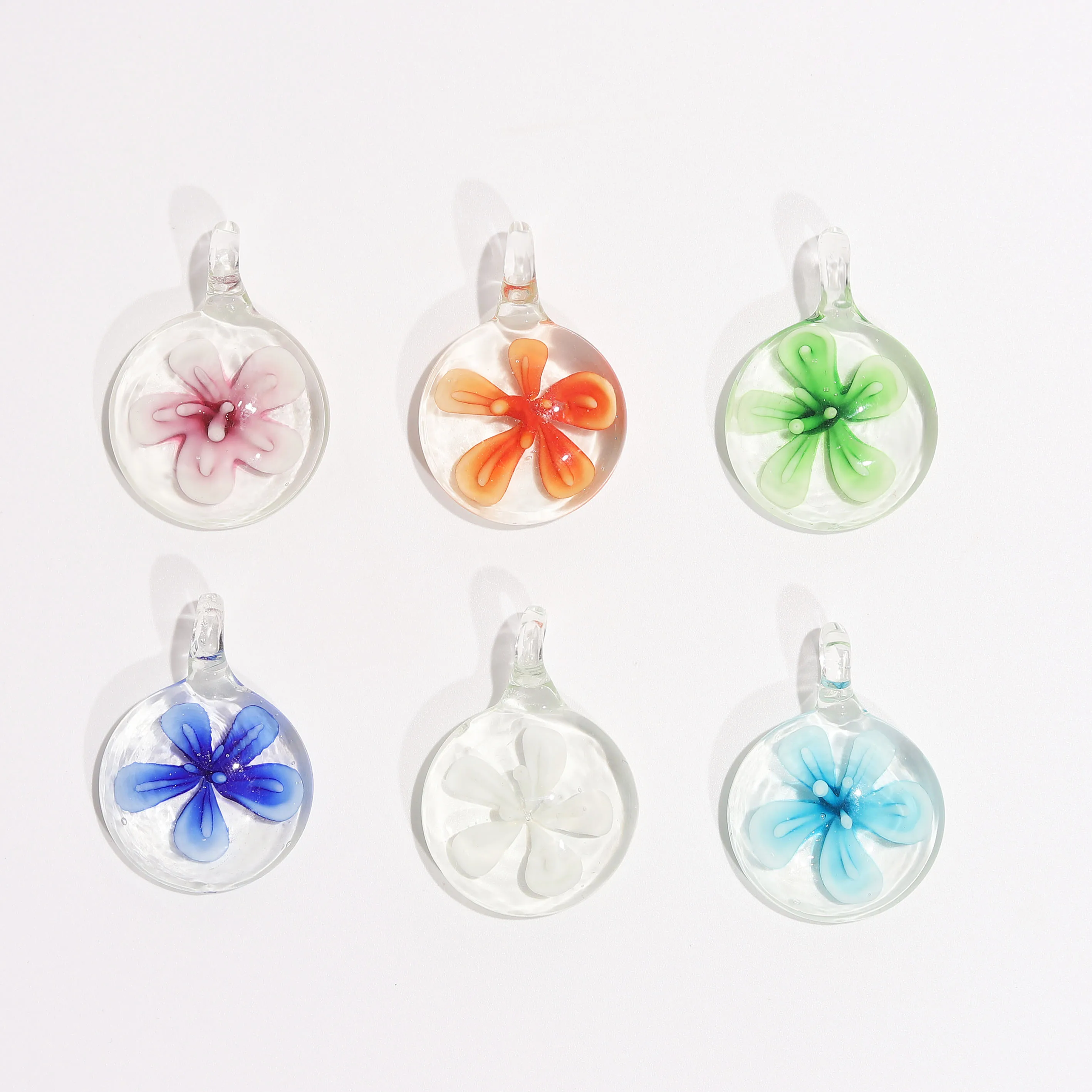 Qianbei Wholesale 6pcs Handmade Murano Lampwork Glass Mix Color Flower Round Pendants Fit Necklace Hot Jewelry Gifts