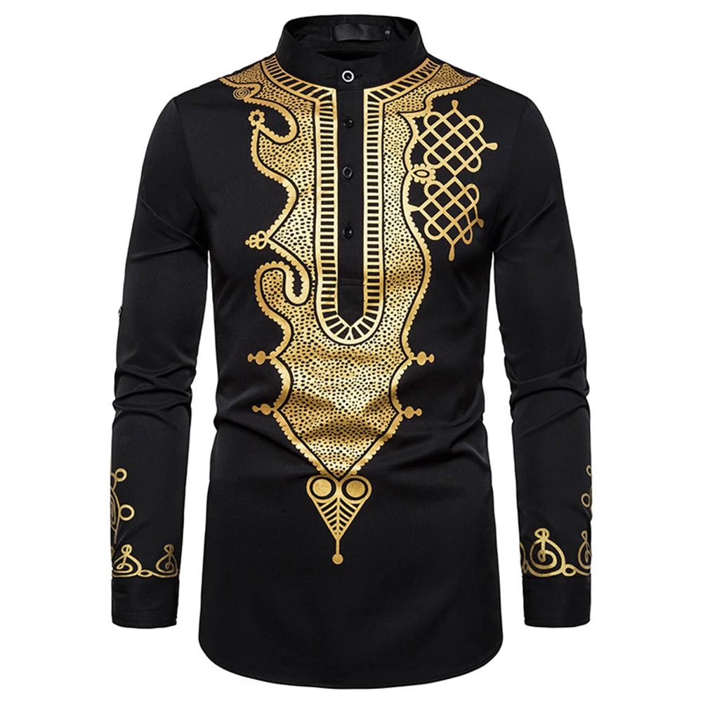 

Fashion Men's Mexican African Style Casual Luxury Shirts Stand Collar Buttons Long Sleeve Printed Male Hippie Shirt Tops