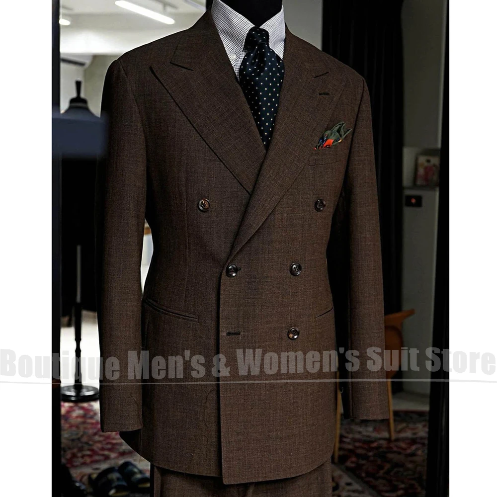 Mens Brown Textured Suit Chic Linen Double Breasted Peak Lapel Outfit 2 Piece Business Casual Party Wedding Groom Formal Tuxedo