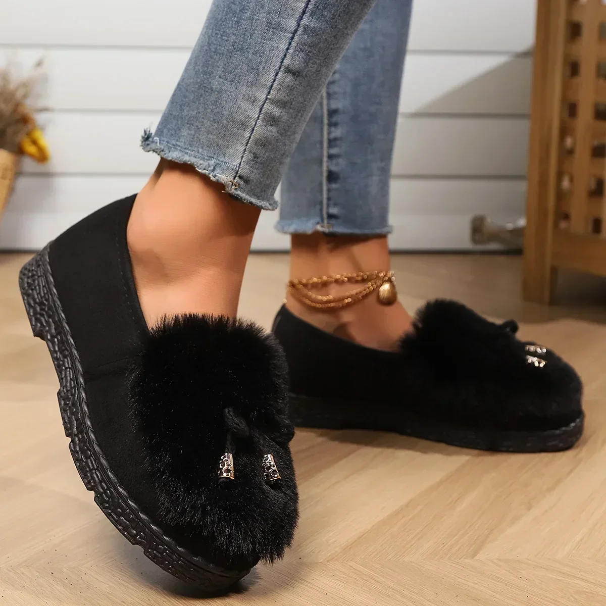 Women Fluffy Fur Snow Boots Winter Leopard Print Flat Heels Thicken Plush Cotton Padded Shoes Female Warm Ankle Botas