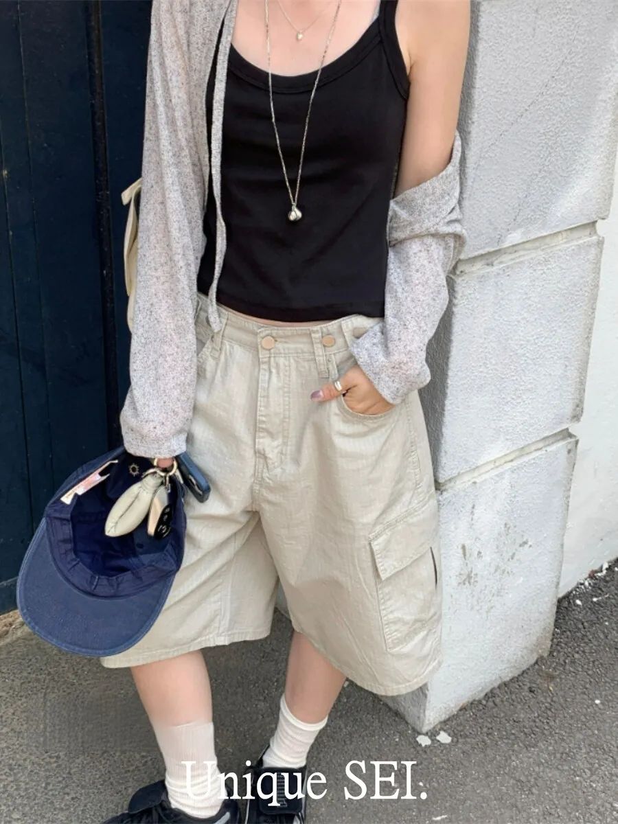 

ZHISILAO Новые женские брюки-карго до колена с карманами, шикарные повседневные брюки Y2K цвета хаки с широкими штанинами, лето 2026