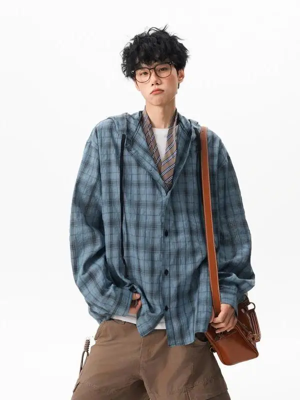

American Plaid Long Sleeve Hooded Shirt Unisex Summer Lazy Style Sun Protection Coat Couple Outerwear Breathable Thin Model