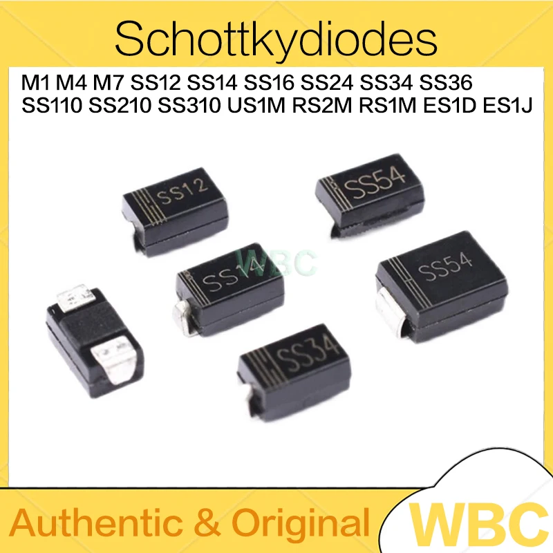 100Pcs Rectifier Diode M1 M4 M7 SS12 SS14 SS16 SS24 SS34 SS36 SS110 SS210 SS310 US1M RS2M RS1M ES1D ES1J DO-214AC Schottkydiodes