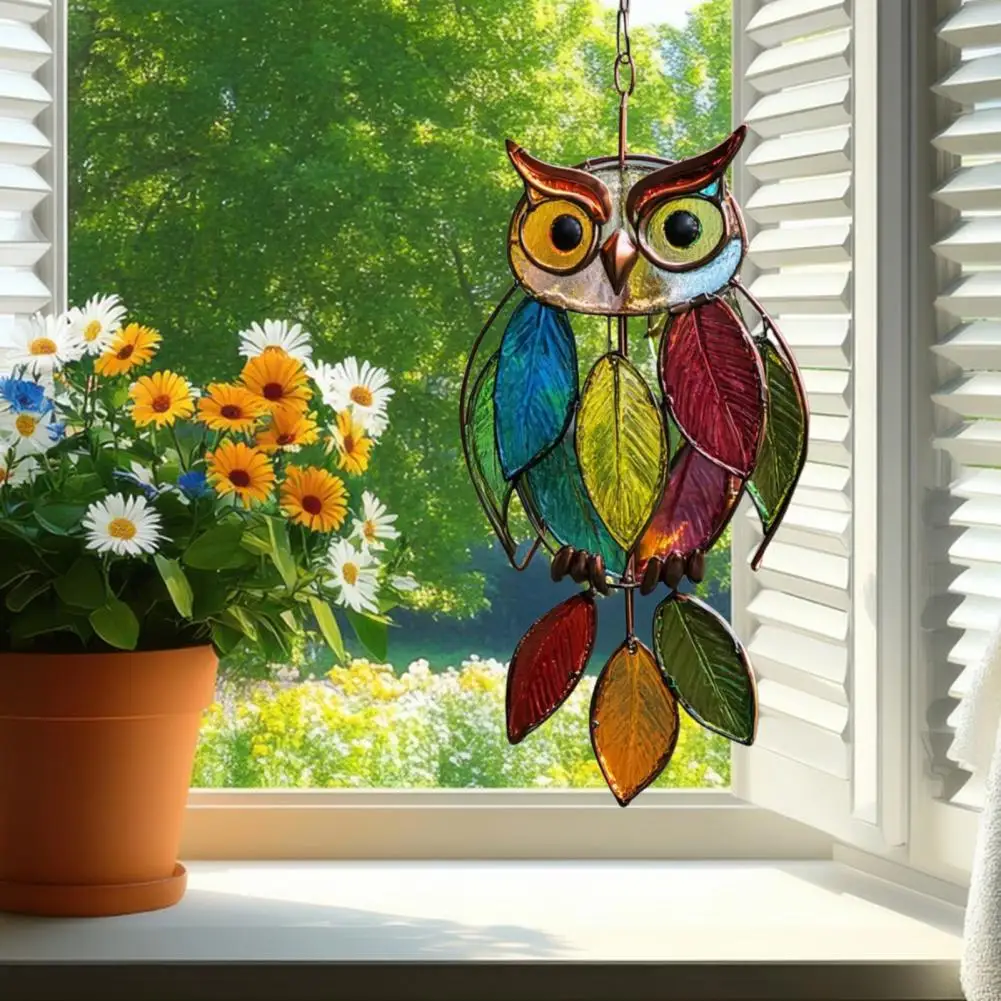 Colorful Pendant Handmade Stained Owl Ornament Realistic Outdoor Hanging Decoration with Colorful Design Easy Installation for A