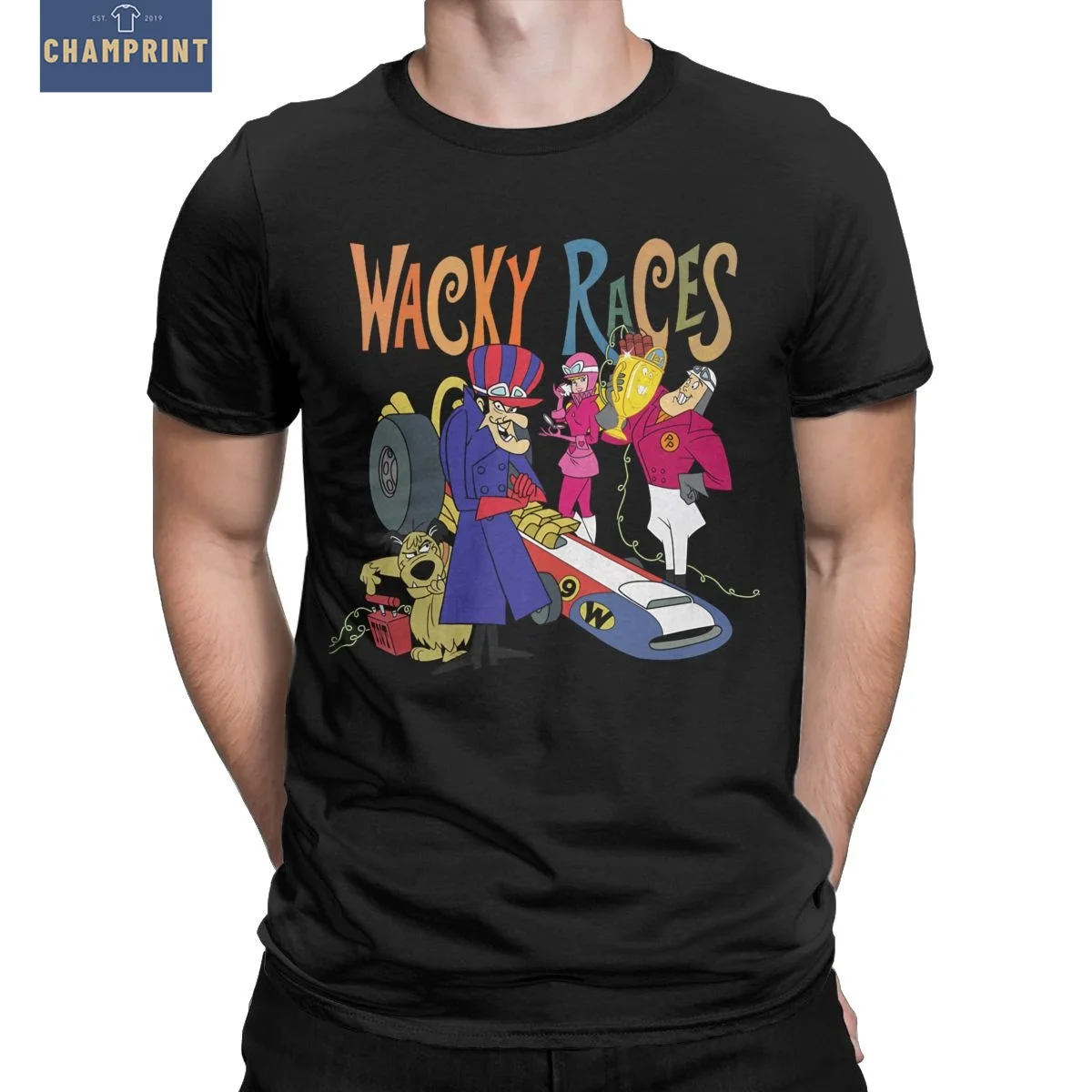 Men\'s T-Shirts Wacky Races 70s Cartoon Main Characters Vintage Cotton Tees Short Sleeve T Shirts Crewneck Clothes New Arrival