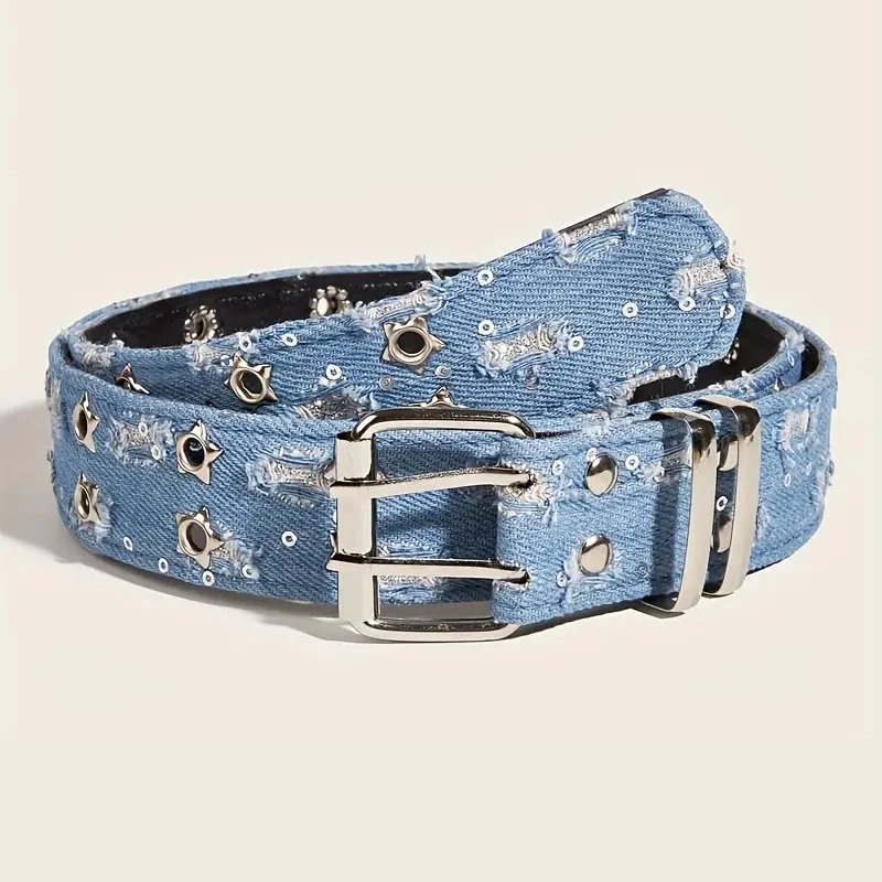 1Pc Mode Luxe Riem Zwarte Punk Accessoires Blauw Denim Gordel HipHop Y2k Ster Uitgeholde Pin Gesp Tailleband, voor Mannen Vrouwen